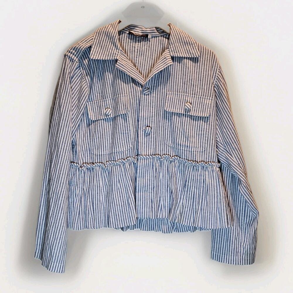 Harvey Faircloth S Blue White Stripe Peplum Hem Cotton Jacket Shirt Sz Small